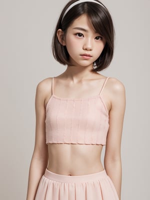 A full body portrait of a japanaese girl,(masterpiece, 8k, photorealistic, RAW photo, best quality, sharp: 1),highly detailed face, beautiful face, (realistic face), beautiful hairstyle, realistic eyes, beautiful detailed eyes, (realistic skin), beautiful skin, ultra high res, ultra realistic, highly detailed, high nose, slim body, slender girl, detailed bust, slim thighs, slim legs, small hip, hair band, (blank background:1.1), (looking away:0.3), (from side:0.4) (age 12-15, European preteen, a pretty girl:1.4), (short hair, bob hair, beautiful hairstyle:1.2), (midriff:1.1), (model posing:1.2),asian girl,long skirt,heart_mark_background