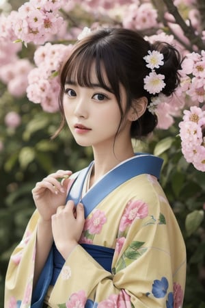 1girl, solo, outdoor, cute japanese model girl, kimono, floral print, hair ornament, looking at viewer, hair flower, brown eyes, bangs, masterpiece, best quality, realistic