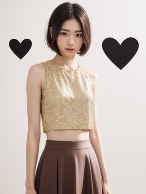 A full body portrait of a japanaese girl,(masterpiece, 8k, photorealistic, RAW photo, best quality, sharp: 1),highly detailed face, beautiful face, (realistic face), beautiful hairstyle, realistic eyes, beautiful detailed eyes, (realistic skin), beautiful skin, ultra high res, ultra realistic, highly detailed, high nose, slim body, slender girl, detailed bust, slim thighs, slim legs, small hip, (blank background:1.1), (looking away:0.3), (from side:0.4) (age 22-27, European preteen, a pretty girl:1.4), (short hair, bob hair, beautiful hairstyle:1.2), (midriff:1.1), (model posing:1.2),asian girl,long skirt,heart_mark_background