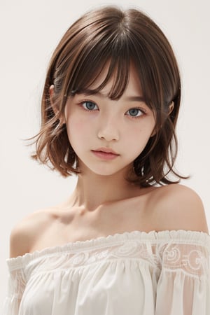 1girl, (age 11-14:1.4), gorgeous, (dynamic pose:0.8),(close-up),studio lighting, white background, japanese teen top model, bang, hime haircut, heterochromia, pastel off-shoulder dress,