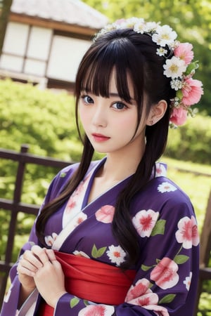 1girl, solo, outdoor, cute japanese model girl, kimono, hair ornament, looking at viewer, hair flower, brown eyes, bangs, masterpiece, best quality, realistic