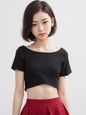 A full body portrait of a japanaese girl,(masterpiece, 8k, photorealistic, RAW photo, best quality, sharp: 1),highly detailed face, beautiful face, (realistic face), beautiful hairstyle, realistic eyes, beautiful detailed eyes, (realistic skin), beautiful skin, ultra high res, ultra realistic, highly detailed, high nose, slim body, slender girl, detailed bust, slim thighs, slim legs, small hip, (blank background:1.1), (looking away:0.3), (from side:0.4) (age 17-22, European preteen, a pretty girl:1.4), (short hair, bob hair, beautiful hairstyle:1.2), (midriff:1.1), (model posing:1.2),asian girl,long skirt,heart_mark_background