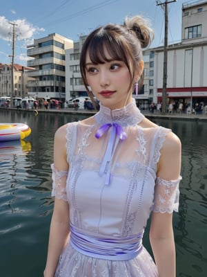 a woman posing on the street corner with light purple high-neck dress on, best quality, 1girl, (gigantic breasts), day, bright, blur background, bokeh, outdoor, (street:0.8), (people, crowds:1), (lace-trimmed dress:1.5, see-through, no-sleeves dress, high-neck dress:1.5, light purple dress: 1.5), gorgeous, (floating hair, bangs, hair up:1.5), beautiful detailed sky, (beautiful earrings), (dynamic pose:1), (upper body:0.8), soft lighting, wind, shiny skin,mikana_yamamoto