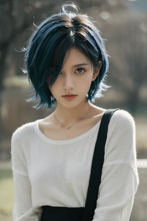 xxmix_girl,1girl,fluffy short hair,dark theme,blue hair,messy hair,film grain,