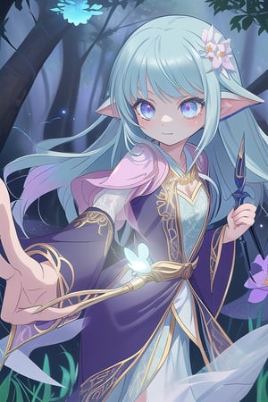 Create an enchanting and whimsical anime-styled illustration of a young witch with a touch of elegance and femininity. This witch loli should exude a sense of magic and mystery, with wide, curious eyes that shimmer like precious gemstones. Her attire should combine playful innocence with mystical sophistication, featuring pastel-colored robes adorned with intricate lace and adorned with delicate floral accents. Don't forget to depict her wielding a petite and ornate wooden wand, emitting a soft, iridescent glow at its tip. The background should be a scene from an enchanted forest, where fireflies dance amidst the trees, casting a gentle, ethereal light. Overall, capture the essence of youthful enchantment while embracing the charm of a powerful yet endearing spellcaste