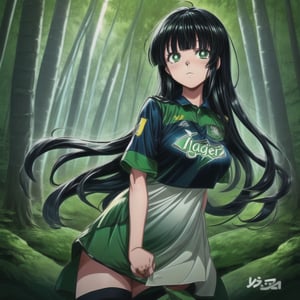 Create a detailed illustration of a charming anime-styled waifu girl, aged 16–20, wearing a green sports jersey with the text "BANGLA" written in the middle. She has jet-black hair of layers and curtain bangs, large wide sparkling eyes, and stands in front of a forest