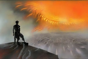 Description: Create an image reminiscent of "The Wanderer above the Sea of Fog," but with a dystopian twist. Replace the serene sea of fog with a sprawling, burning cityscape in the background. The focus of the image should be on a lone figure standing atop a high vantage point, gazing down upon the chaos and destruction below. The figure exudes a sense of contemplation, resilience, and perhaps even detachment in the face of the apocalyptic scene.

Composition:

Background Cityscape: The city stretches out in the distance, engulfed in flames and billowing smoke. Skyscrapers and buildings are partially obscured by the thick smoke, with flickering flames casting an eerie glow on the surroundings. The cityscape should evoke a sense of destruction, chaos, and impending doom.

Burning Details: Show buildings fully ablaze, with flames reaching into the sky. Smoke should obscure parts of the city, contributing to the overall atmosphere of chaos. The glowing embers and the contrast between fire and darkness should be prominent.

Distant Horizon: Depict a dark, foreboding horizon where the city meets the unknown. This horizon should blend into the sky, which is tinged with a deep mix of oranges, reds, and blacks, signifying the intensity of the fire.

Solitary Observer: The central figure stands on a rocky outcrop or elevated platform at the edge of the image. The person's back is to the viewer, and they're gazing down at the city with a mixture of awe, sadness, and contemplation. Their posture should convey a sense of strength and determination, despite the despair around them.

Silhouette: The figure's silhouette should be well-defined against the fiery backdrop. The outline of their form should be visible, with subtle details hinting at their clothing and stance. Their posture should mirror that of the wanderer in the original painting, exuding a similar sense of introspection and solitude.

Clothing and Accessories: Dress the figure in clothing that's both practical and slightly worn, suggesting that they've been through their share of challenges. Accessories like a tattered scarf or a worn bag could enhance their character and story.

Lighting and Contrast: Play with the interplay of light and shadow. The fire's glow should cast highlights and shadows on the figure's silhouette, emphasizing their presence and creating a sense of depth within the image.

Mood: The mood of the image should convey a mix of emotions, including awe, melancholy, resilience, and contemplation. The juxtaposition of the solitary observer against the chaos of the burning city should evoke a sense of both personal reflection and the broader impact of their actions or decisions.

Color Palette: Dominated by deep oranges, reds, and blacks, with touches of warm, muted tones to accentuate the fire's glow and the figure's silhouette.

Overall, the image should capture the essence of a lone individual confronting the consequences of a world in turmoil, echoing the emotional depth of "The Wanderer above the Sea of Fog" while adding a dystopian and apocalyptic twist.