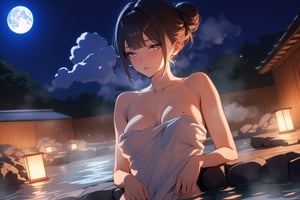 ((masterpiece, best quality)), rating: explicit, nfsw, newest, perfect face, niji6, 8k, 1girl, mole on breasts, 2d, a girl bathing in hot spring , bath towel, 21 years old, outdoors, moon night, dim lighting, single hair bun, medium breasts, onsen, onsen symbol, light particles, posed body, ((water vapor, steam)), depth of field,eternum style