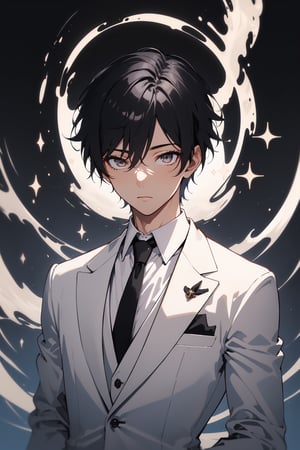 1boy, male_focus, handsome, BREAK, (black hair, white eyes, black suit with sliver line, black tie, black pants:1.44), upper body, fantasy, BREAK, (masterpiece, best quality, highres:1.4), 4k, perfect anime anatomy, balanced, harmony,midjourney, genshin