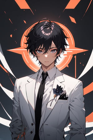 1boy, male_focus, handsome, BREAK, (black hair, white eyes, black suit with sliver line, black tie, black pants:1.44), upper body, fantasy, BREAK, (masterpiece, best quality, highres:1.4), 4k, perfect anime anatomy, balanced, harmony,midjourney, genshin