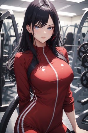 1girl, blue eyes, dark blue hair, red suit, smirk, self_shot, gym background, ((masterpiece, best quality, highres:1.4)), vibrant, 8k, fine details, perfect anime anatomy,cloudstick