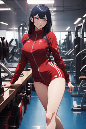 1girl, blue eyes, dark blue hair, red suit, smirk, self_shot, gym background, ((masterpiece, best quality, highres:1.4)), vibrant, 8k, fine details, perfect anime anatomy,Detailedface,cloudstick