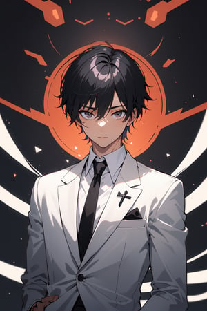 1boy, male_focus, BREAK, (black hair, white eyes, black suit with sliver line, black tie, black pants:1.44), upper body, BREAK, (masterpiece, best quality, highres:1.4), 4k, perfect anime anatomy, balanced, harmony,midjourney, genshin