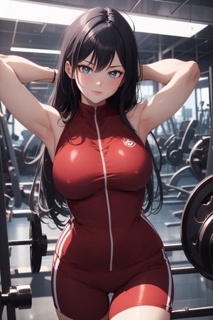 1girl, blue eyes, dark blue hair, red suit, smirk, self_shot, gym background, ((masterpiece, best quality, highres:1.4)), vibrant, 8k, fine details, perfect anime anatomy,cloudstick