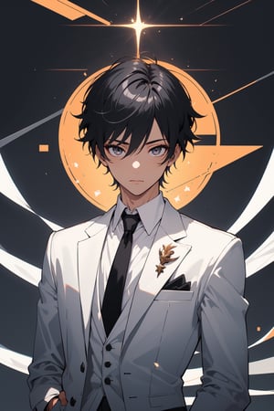 1boy, male_focus, handsome, BREAK, (black hair, white eyes, black suit with sliver line, black tie, black pants:1.44), upper body, fantasy, BREAK, (masterpiece, best quality, highres:1.4), 4k, perfect anime anatomy, balanced, harmony,midjourney, genshin