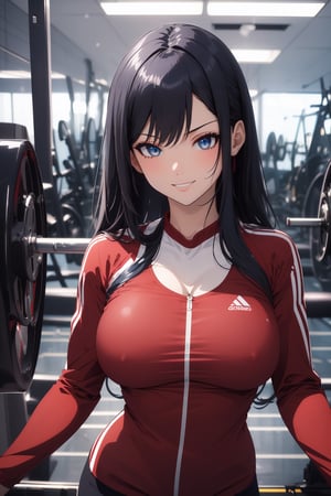 1girl, blue eyes, dark blue hair, red suit, smirk, self_shot, gym background, ((masterpiece, best quality, highres:1.4)), vibrant, 8k, fine details, perfect anime anatomy,cloudstick