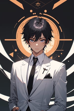 1boy, male_focus, handsome, BREAK, (black hair, white eyes, black suit with sliver line, black tie, black pants:1.44), upper body, fantasy, BREAK, (masterpiece, best quality, highres:1.4), 4k, perfect anime anatomy, balanced, harmony,midjourney, genshin