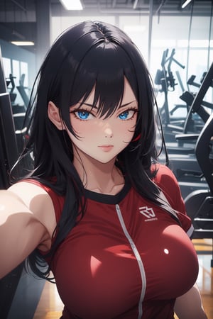 1girl, blue eyes, dark blue hair, red suit, smirk, self_shot, gym background, ((masterpiece, best quality, highres:1.4)), vibrant, 8k, fine details, perfect anime anatomy,cloudstick