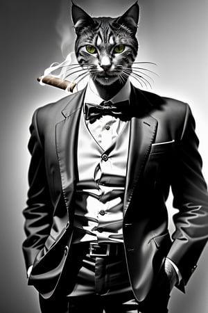 anthropormorphic, ultra realistic, (((cat))), (suit), ((cigar)), cool, portrait, dark background, greyscale