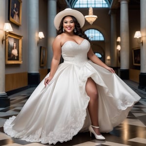  Female, attractive, beautiful, plus size, curvy, clear eyes, clear face, smiling face, wearing satin lace white long ballgown,  gloves, hat, high-heeled  boots, in a museum, action Position, wide angle,  very very real, a mix of awe and mystery, Photography, using a DSLR with a 50mm lens at f/2.8, ultra accurate, ultra accurate detailed,  detailed, surrealism, realistic, very very clear picture,