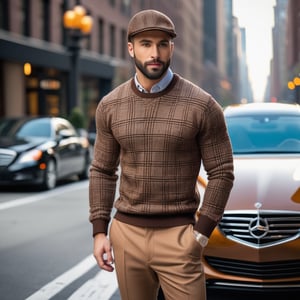 Male, handsome, average size, with beard, elegante, clear eyes, clear face,  putting on elegante  brown check sweater, brown material trousers, putting on hat, elegante shoes, holding a bag, action Position, beautiful hotel with luxury cars in New York background, expression, a mix of awe and mystery, Photography, using a DSLR with a 50mm lens at f/2.8, ultra accurate, ultra accurate detailed,  detailed, surrealism, realistic, very very clear picture,