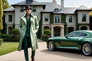 male, pretty handsome, elegante, putting elegante light green silky shirt, dark green trench coat, dark green trousers, a hat, dark green boots, stepping out a car, grey metallic car,  in front of elegante luxurious house, real luxurious house,  real extra beautiful house,  ultra detailed, ultra accurate detailed, surrealism, realistic, 