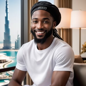 Male, african, dreadlock, beard face, smiling face, handsome, clear eyes, clear face, wearing white t-shirt, earrings, black linen trouser, wearing black face cap, shoes, luxury hotel lounge in dubai background, realistic, action Position, very very real, a mix of awe and mystery, Photography, using a DSLR with a 50mm lens at f/2.8, ultra accurate, ultra accurate detailed,  detailed, surrealism, realistic, very very clear picture,