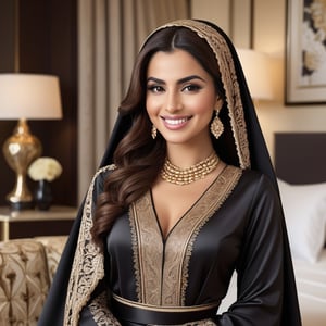 Produce a hyper-realistic photograph of a 30-year-old Arabic female, wearing a female  abaya satin lace dress, hair scarf, smiling in a luxurious hotel suite. She is surrounded by luxurious furniture and decor, and her smile conveys a sense of indulgence and enjoyment. The photograph is highly detailed, with the intricate patterns and textures of the interior design creating a sense of elegance and refinement. range angle, 