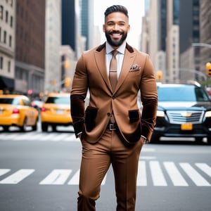 Male, clear eyes, clear face, beard, middle size body, smiling face, wearing brown Cocktail attire, elegante shoes, in a busy street Newvyork, New york skyscraper background, looking backward over his shoulders, confident expression, a mix of awe and mystery, Photography, using a DSLR with a 50mm lens at f/2.8, ultra accurate, ultra accurate detailed, perfect detailed,  surrealism, realistic, real, extra real,