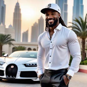 Male, african, dreadlock, beard face, smiling face, handsome, clear eyes, clear face, wearing white t-shirt, earrings,  wearing light grey long-sleeved shirt, black linen trouser, wearing black face cap, shoes, black bugatti car luxury paint house in dubai background, realistic, action Position, very very real, a mix of awe and mystery, Photography, using a DSLR with a 50mm lens at f/2.8, ultra accurate, ultra accurate detailed,  detailed, surrealism, realistic, very very clear picture,