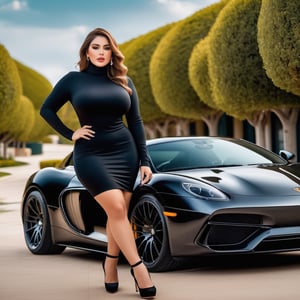 Female, beautiful female, clear eyes, clear face, curvy , plus size, black turtleneck dress, wearing designer shoes, confident expression, action Position, luxury paint house with luxury cars background, a mix of awe and mystery, Photography, using a DSLR with a 50mm lens at f/2.8, ultra accurate, ultra accurate detailed,  detailed, surrealism, realistic, very very clear picture,