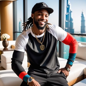 Male, african, dreadlock, beard face, smiling face, handsome, clear eyes, clear face, wearing white t-shirt, earrings, black linen trouser, wearing black baseball cap, shoes, luxury hotel lounge in dubai background, realistic, action Position, very very real, a mix of awe and mystery, Photography, using a DSLR with a 50mm lens at f/2.8, ultra accurate, ultra accurate detailed,  detailed, surrealism, realistic, very very clear picture,