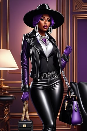 black female, pretty bad boss, medium size body, putting on black hat, white purple shirt,  black leather jacket, black boots,  holding bag, diamond neck chain, in a luxurious house, ultra detailed, ultra accurate detailed, surrealism,  realistic, 