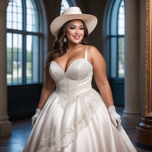  Female, attractive, beautiful, plus size, curvy, clear eyes, clear face, smiling face, wearing satin lace white long ballgown,  gloves, hat, high-heeled  boots, in a museum, action Position, wide angle,  very very real, a mix of awe and mystery, Photography, using a DSLR with a 50mm lens at f/2.8, ultra accurate, ultra accurate detailed,  detailed, surrealism, realistic, very very clear picture,