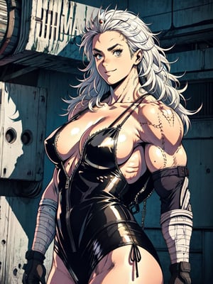 masterpiece, best quality, high definition, photorealistic,noi_(dorohedoro), sole_female,colarbone, masterpiece, 1girl, side_boob, smirk, long hair, white hair, muscles, flex