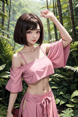 asian woman, brown hair, bob cut, smile, pink crop top, off-shoulder, close-up, forest background, nude, pink titis,thongless, red skirt,exposed_pussy