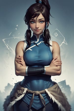 (masterpiece, best quality:1.2), solo, 1girl, korra, dark skin, dark-skinned female, smile, looking at viewer, crossed arms, ponytail, hair tubes, sleeveless, bare shoulders