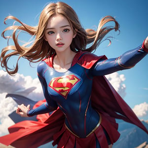 masterpiece, best quality, movie still, 1girl,floating in the sky, happy,supergirl clothing, red kirt, 