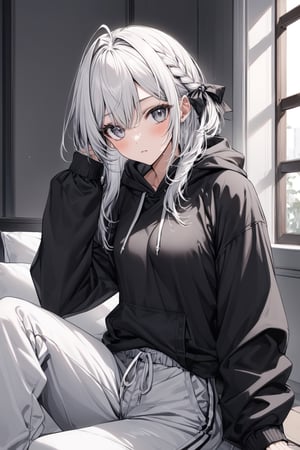 Extreme detailed, (masterful), indoors, simple background, BREAK claraval, white hair, 1girl, sitting, hoodie, black hoodie, sweatpants, long pants, long sleeves
