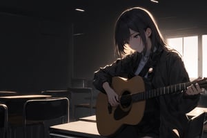 Extreme detailed, (masterful), 1girl, playing guitar, in a classroom, surrounded by empty chairs, dim lighting, [fretting]