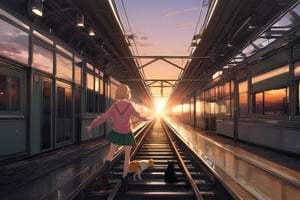 Extreme detailed, (masterful), 1girl, solo, short hair, standing on top of train, sunset, reaching arms out, back view, short hair, blonde hair, shirt, long sleeves, ribbon, collared shirt, pink shirt, school uniform, green skirt, wide shot, railway, cat