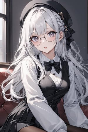 Extreme detailed, (masterful), 1girl, solo, long hair, looking at viewer, bangs, skirt, shirt, long sleeves, hat, jewelry, sitting, pantyhose, white hair, pleated skirt, parted lips, glasses, day, collared shirt, indoors, black skirt, necklace, sweater, lips, black pantyhose, window, black headwear, beret, couch, round eyewear, claraval,claraval