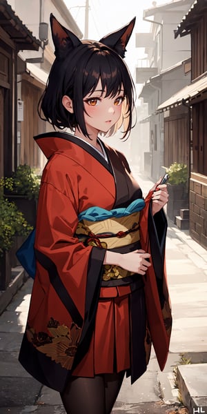 ultra detailed 8k cg, beautiful face, hll,black pantyhose, ((outdoors)), cinematic lighting, fantastical, red fox, kimono