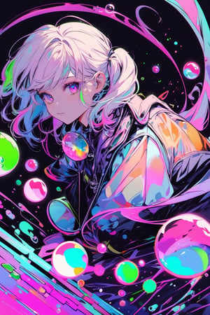 Extreme detailed, (masterful), 1girl, neon lights, bubbles, transluscent clothing, simplistic, coloring book style, simple background, plain colour background, luminescence