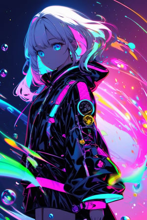 Extreme detailed, (masterful), 1girl, neon lights, bubbles, transluscent clothing, simplistic, coloring book style, simple background, plain colour background, luminescence, colorful lighting, dynamic lighting, dynamic background