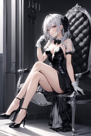 Extreme detailed, (masterful), claraval, 1girl, legs crossed, dress, side view, gloves, short sleeves, sitting, full body, indoors, white gloves, cocktail dress, black dress, black footwear, high heels, from side
