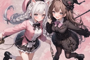 Extreme detailed, (masterful), a picture of two people, one girl, long hair, blush, bangs, large (bow), medium breasts, very long hair, braid, white hair, grey hair, large black bow with intricate chains, grey eyes, pink plague doctor mask, pink witch hat, lace hat covering, pink overcoat, beige undershirt, cyan bowtie, black frilled skirt, white socks, black boots, broomstick, BREAK one girl, long hair, brown hair, beret, cat ears, sunglasses, black sweater, white collar, black frilled skirt, pantyhose