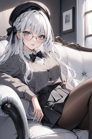 Extreme detailed, (masterful), 1girl, solo, long hair, looking at viewer, bangs, skirt, shirt, long sleeves, hat, jewelry, sitting, pantyhose, white hair, pleated skirt, parted lips, glasses, day, collared shirt, indoors, black skirt, necklace, sweater, lips, black pantyhose, window, black headwear, beret, couch, round eyewear, claraval,claraval