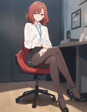 1girl, madoka higuchi, shinycolors, looking at viewer, blush, skirt, shirt, long sleeves, sitting, closed mouth, white shirt, pantyhose, thighs, collared shirt, miniskirt, black skirt, black footwear, high heels, legs, black pantyhose, dress shirt, chair, crossed legs, pencil skirt, office lady, id card, lanyard, office chair, (bow), ((best hands)), narrow fingers, anime_screencap, extreme detailed, (masterpiece), Visual Anime