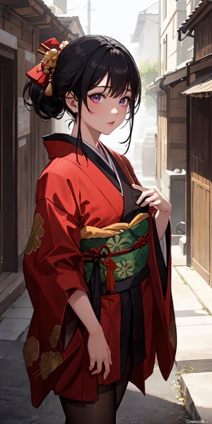 ultra detailed 8k cg, beautiful face, hll,black pantyhose, ((outdoors)), cinematic lighting, fantastical, red, kimono